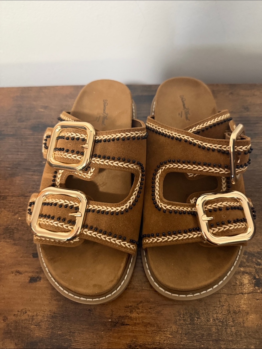 Universal Thread Brown Double Buckle Studded Slide Sandals Size 6